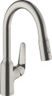 Кухонный смеситель с вытяжным душем, 2jet, сталь, Hansgrohe Focus 71801800, Сталь, стандартный
